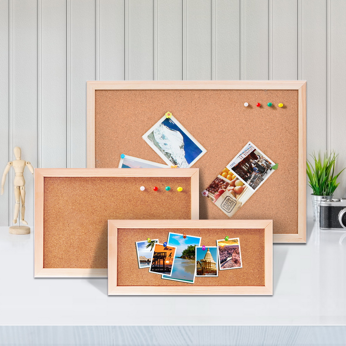 Bulletin Board Cork - Vintage-Nachrichtentafel mit Rahmen aus Kiefernholz, 3