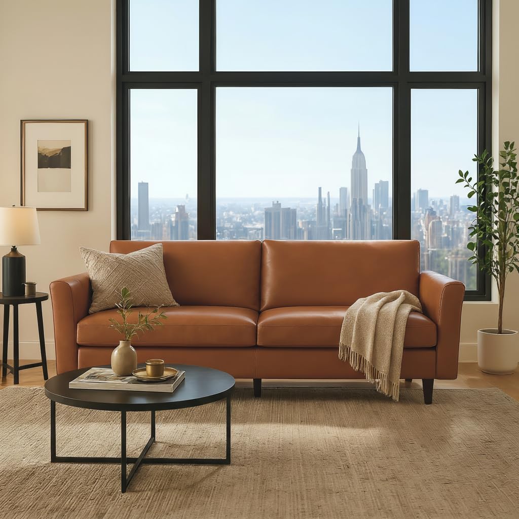 Office Furniture Custom - 80-Zoll Kunstleder-Sofa, Mid-Century Modern Ledercouch mit